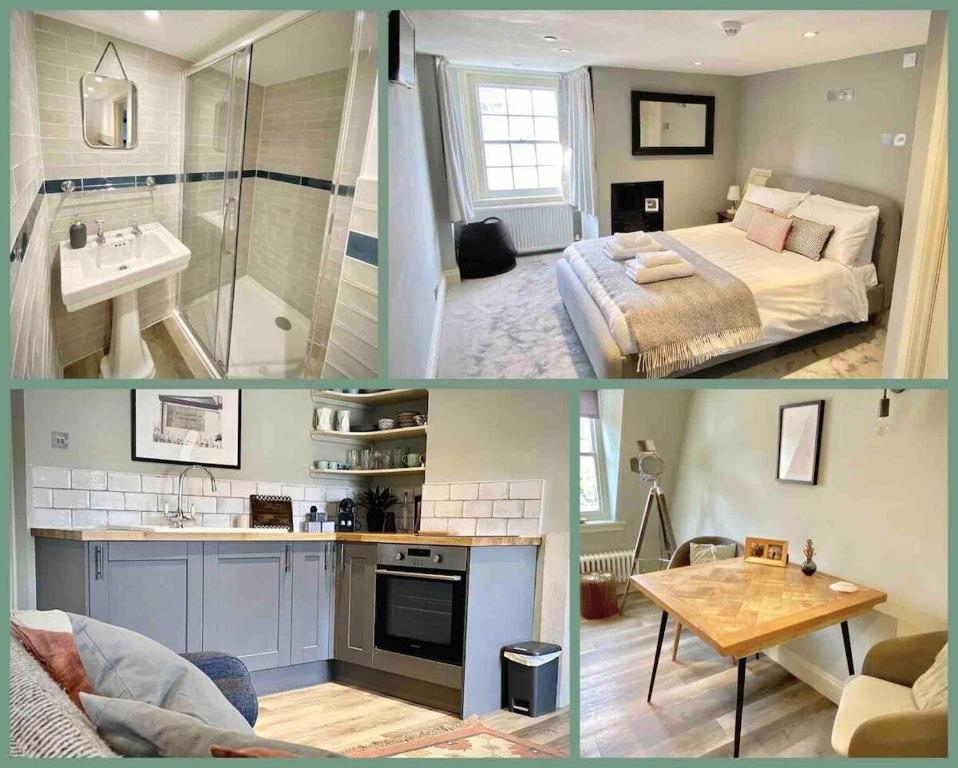 two pictures of a bedroom and a bathroom at Georgian Loft Apartment - Central Bath in Bath