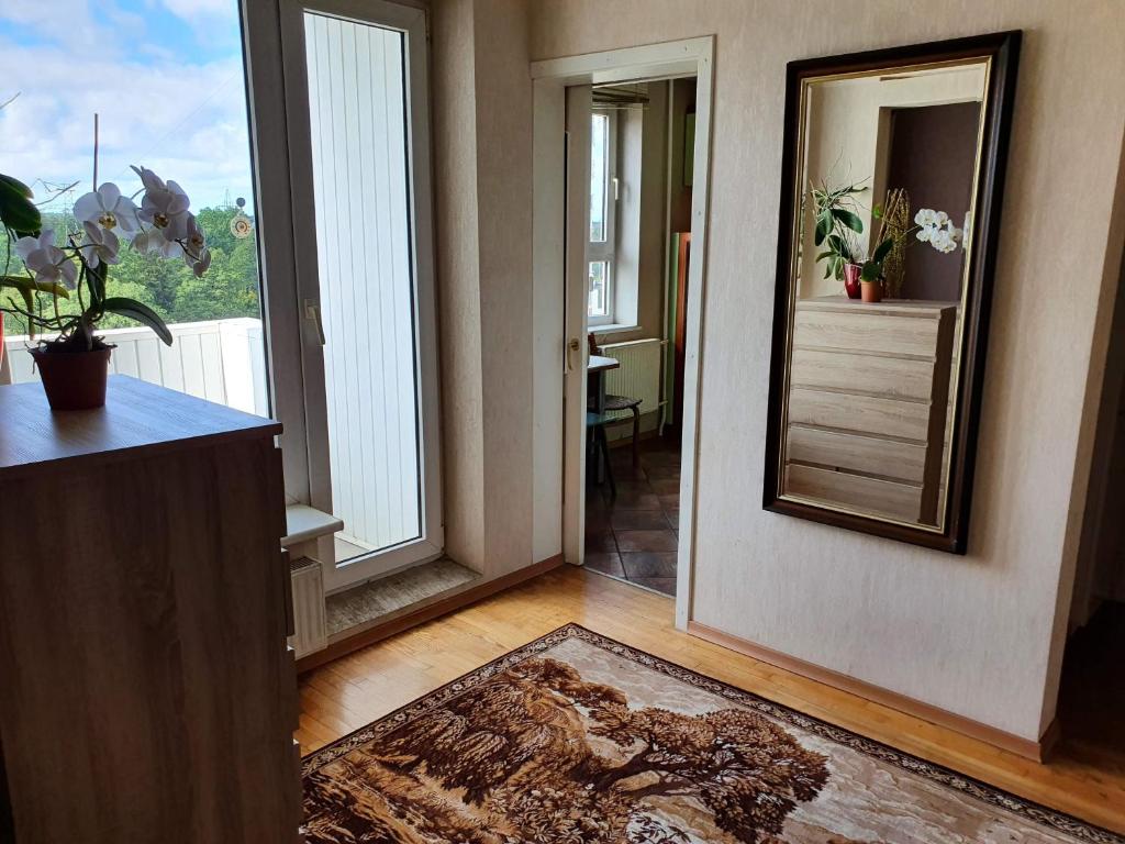 a living room with a mirror and a hallway at Lovely apartment in Riga city in Rīga