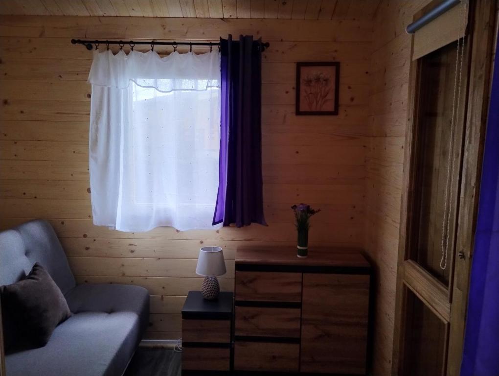 a living room with a couch and a window at Sasinowe Domki Nad Jeziorem in Małdyty