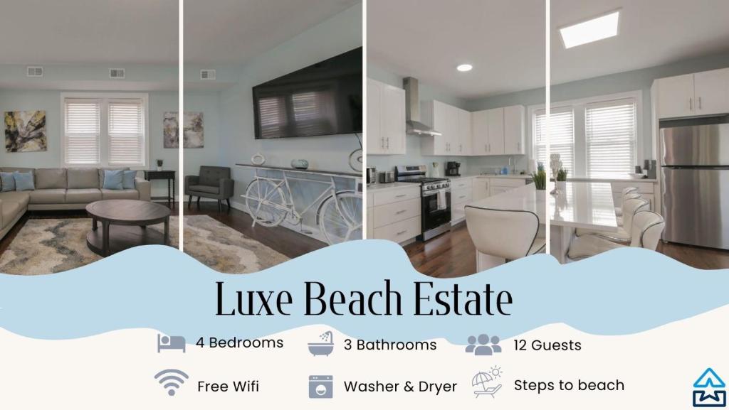 three pictures of a kitchen and a living room at Luxe Beach Estate - 4 Bedrooms and 3 Bathrooms in Atlantic City