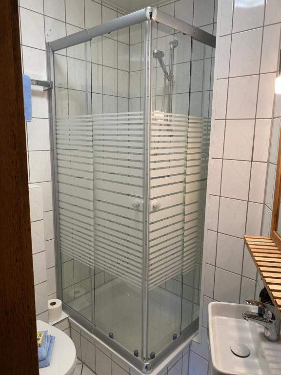 a glass shower in a bathroom with a sink at Hotel zum Schiffchen in Brüggen