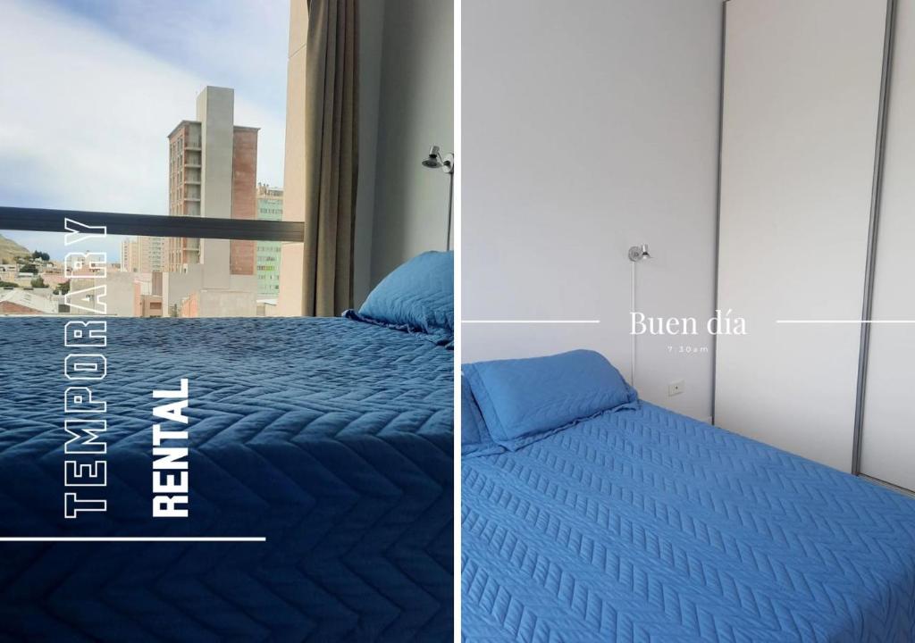 2 fotos de un dormitorio con cama con sábanas azules en DEPARTAMENTO FRANCIA centrico 1 dor en Comodoro Rivadavia