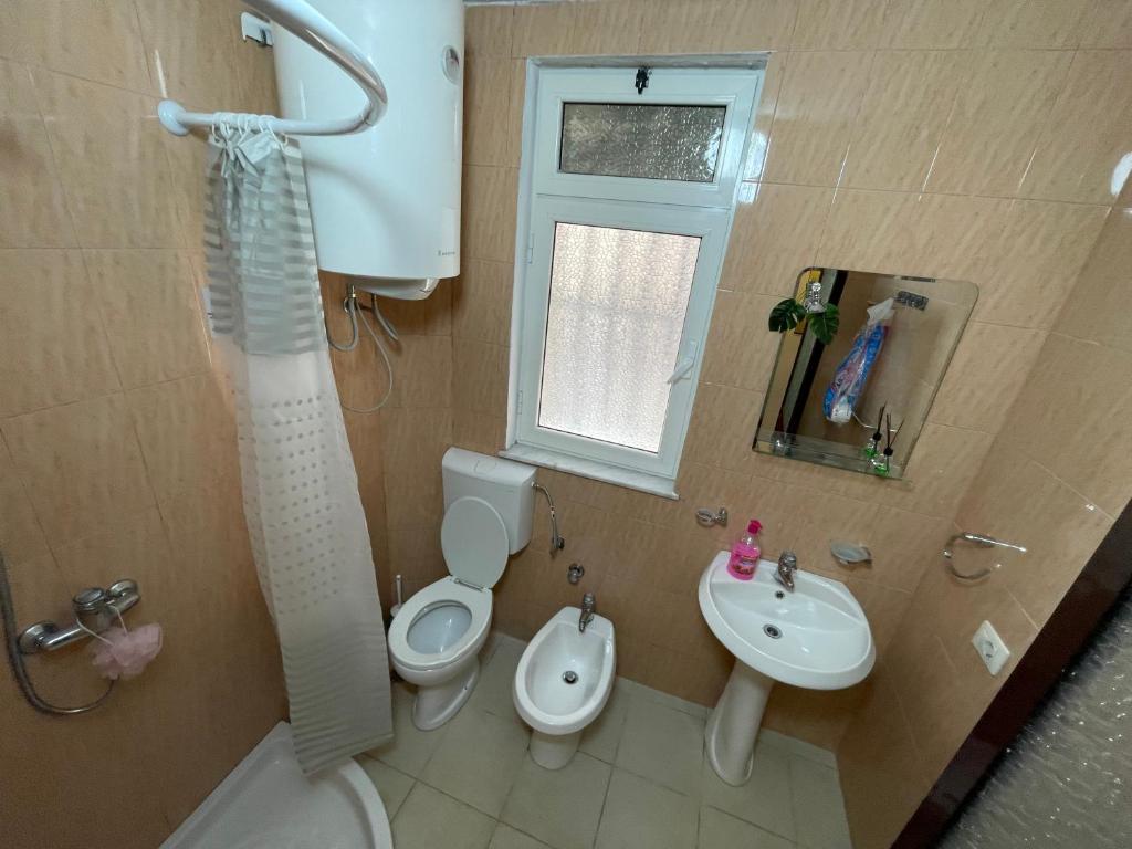 a bathroom with a shower and a toilet and a sink at Shkodra Guest House in Shkodër