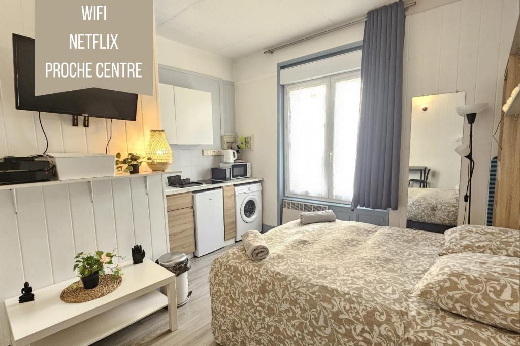 - une chambre avec un lit et une télévision dans l'établissement Le Girod - Wifi - Proche Centre - Netflix, à Clermont-Ferrand