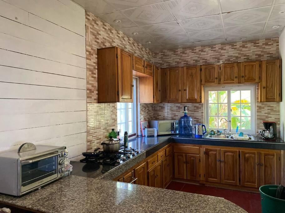 a kitchen with wooden cabinets and a microwave in it at Vacaciones en mar y naturaleza in Bastimentos