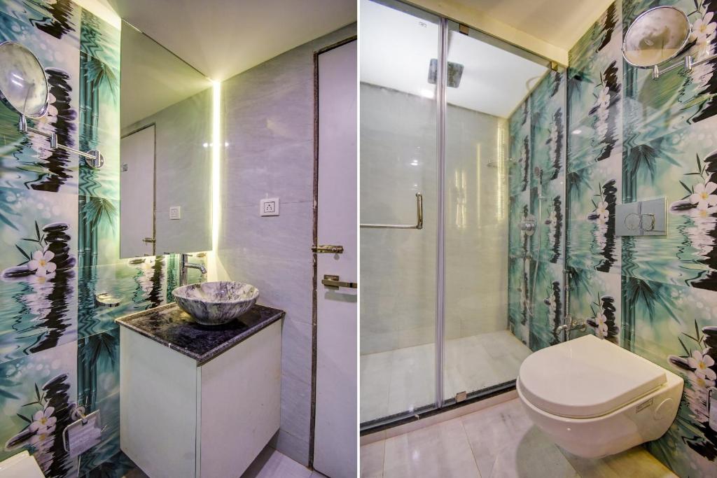 two pictures of a bathroom with a toilet and a shower at Hotel Snowfox in Madhyamgram