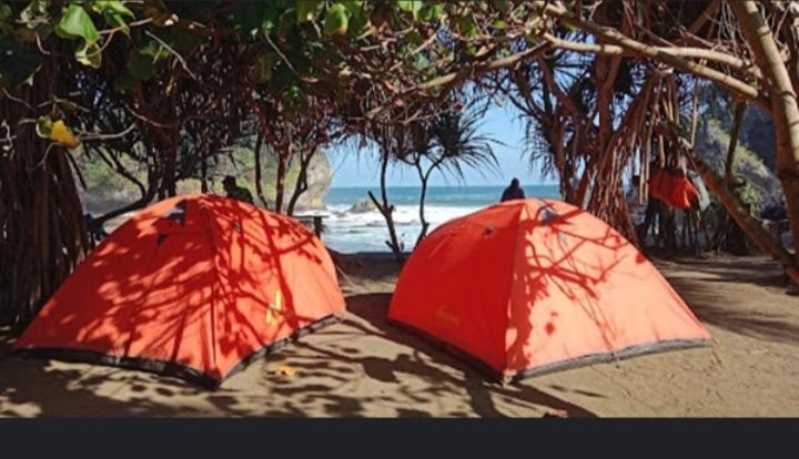 dos tiendas rojas sentadas en una playa cerca del océano en Madasari Outdoor Camping Standar en Bulakbenda