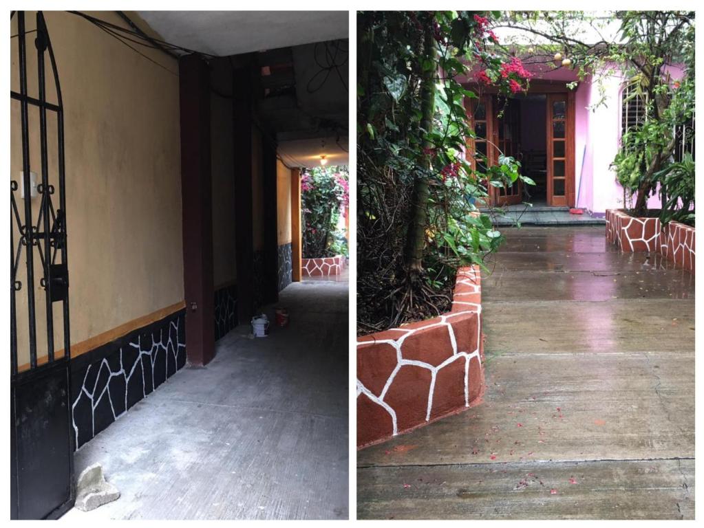 duas imagens de uma entrada para um edifício com um portão em Casas de Qlí em Santiago Atitlán