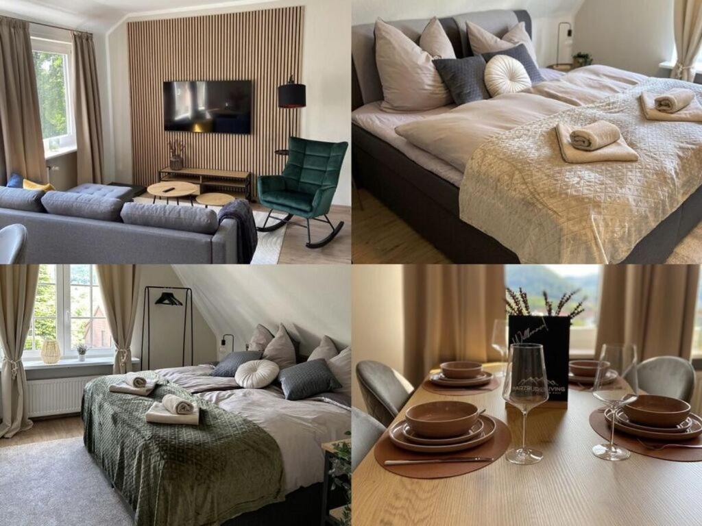 een collage van foto's van een slaapkamer met een bed en een woonkamer bij Harzburgliving Goethe's time out in Bad Harzburg
