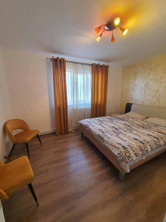 アルバ・ユリアにあるCetate Apartamentのベッドルーム1室(ベッド1台、椅子、窓付)