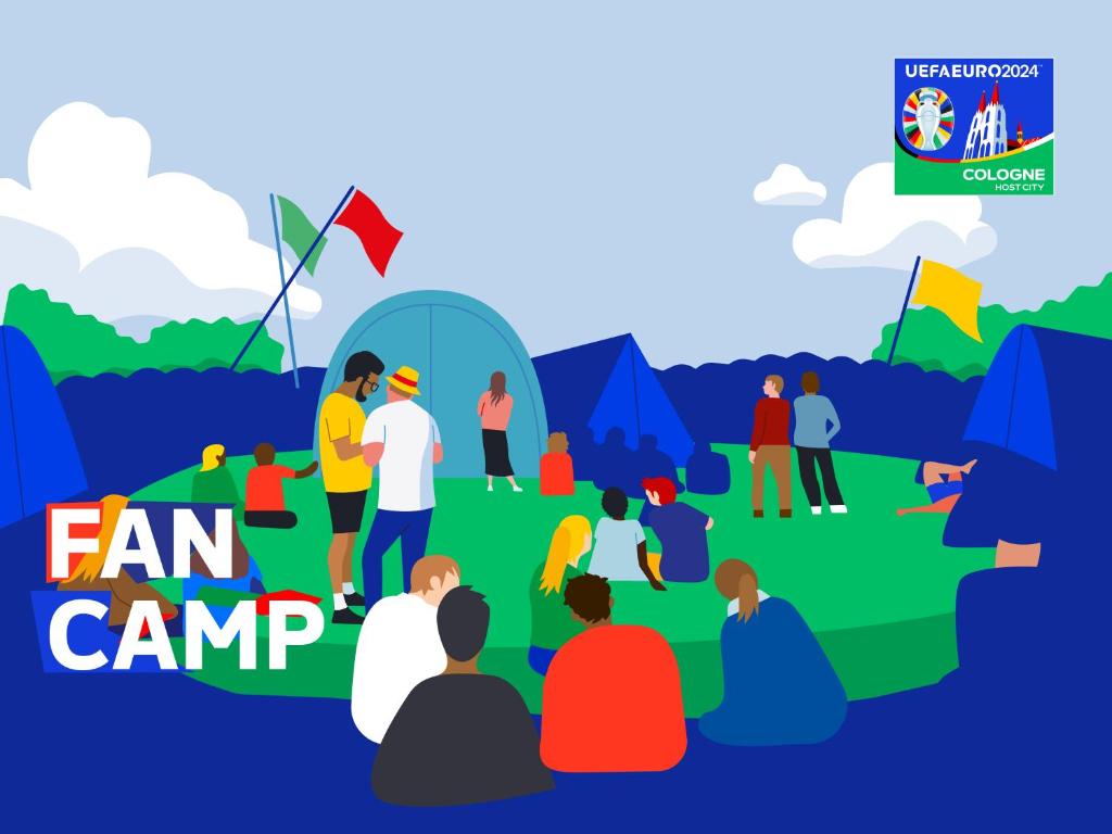 an illustration of a group of people in a park with a tent at FanCamp Euro 2024 European Championship 2024 - Host City Cologne (Köln) in Cologne