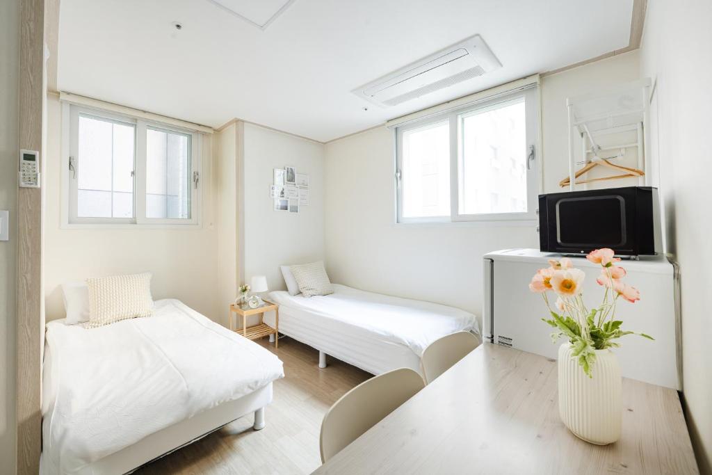 首爾的住宿－Ehwa Blossom，白色的客房设有沙发和电视。