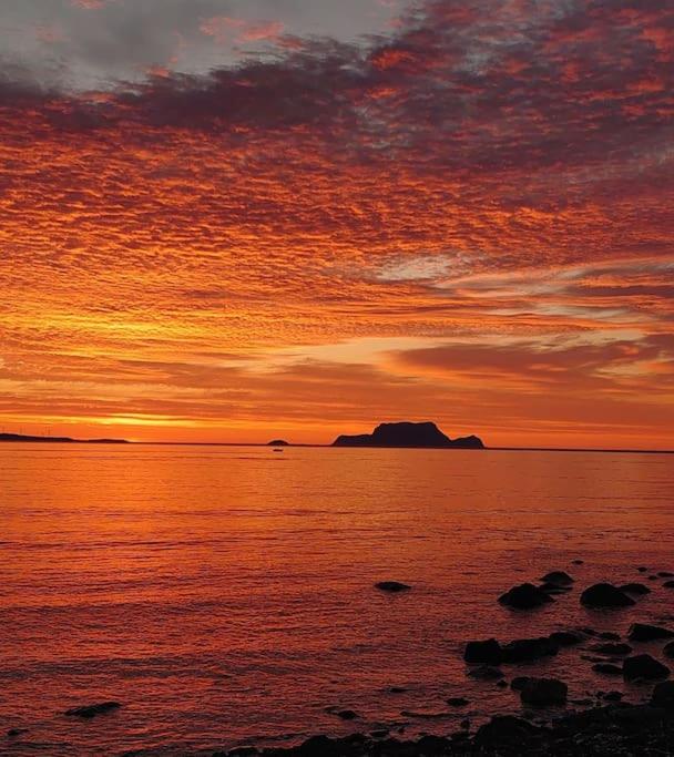 a sunset over the ocean with a rock in the water at Russelv panorama in Russelv