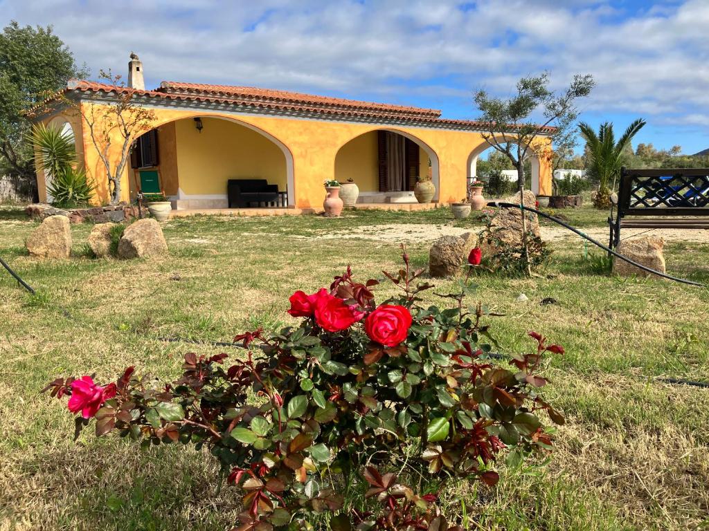 a house with red roses in front of it at Villa Grecale in Cala Liberotto