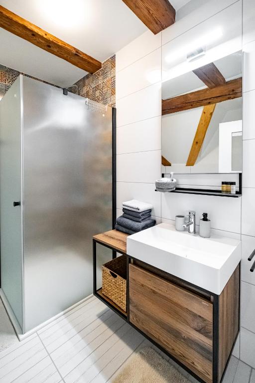 a bathroom with a sink and a shower at Kníže Ferdinand Apartments in Mikulov