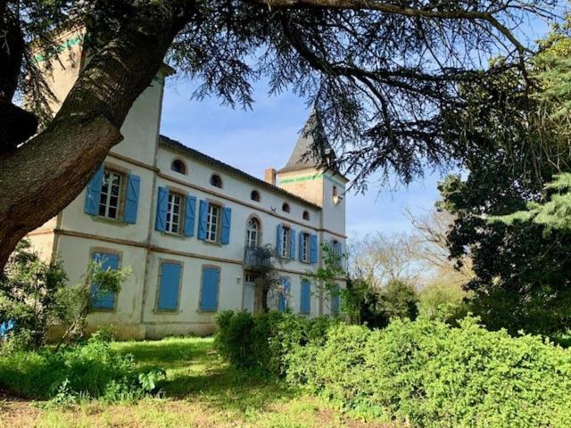 una casa grande con ventanas azules y un árbol en MANOIR DE l'ARNAUDE, en Fiac