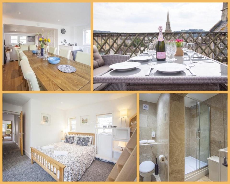 un collage de fotos de una sala de estar y una cocina en The Roof Terrace Maisonette - City Centre en Bath