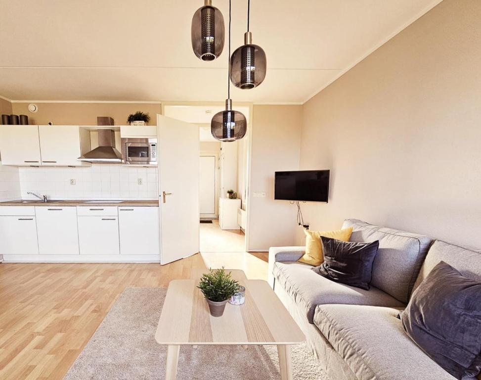 uma sala de estar com um sofá e uma mesa em Oostkant 64 Ameland für bis zu 5 Personen - Haustiere herzlich willkommen, strandnah em Buren