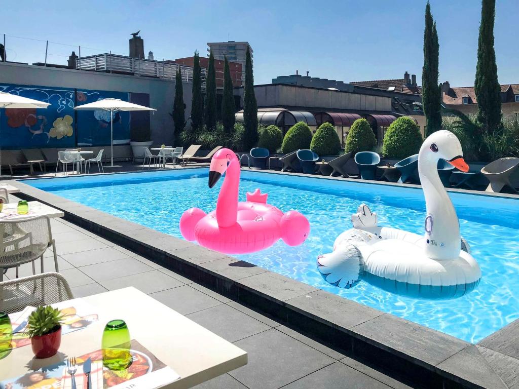 two inflatable swans in a swimming pool at Novotel Metz Centre in Metz