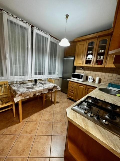 a kitchen with a sink and a table in it at Asgard Apartman in Zalaegerszeg