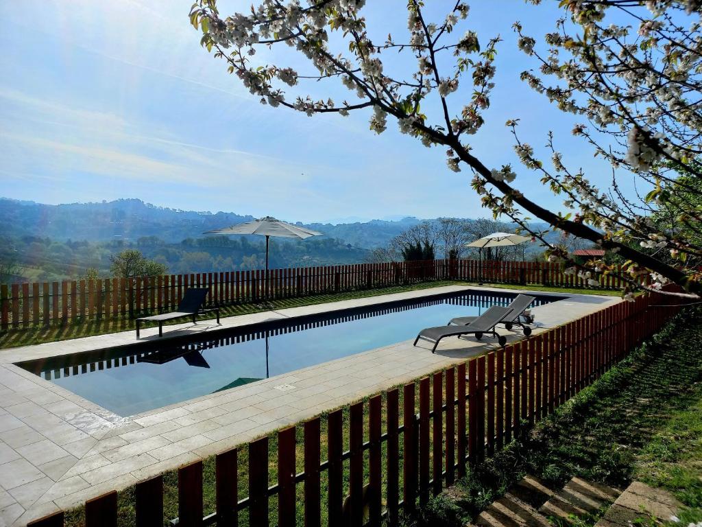 Poggio Mirteto的住宿－La casa Nettarina，一个带两个长椅的游泳池,围栏旁