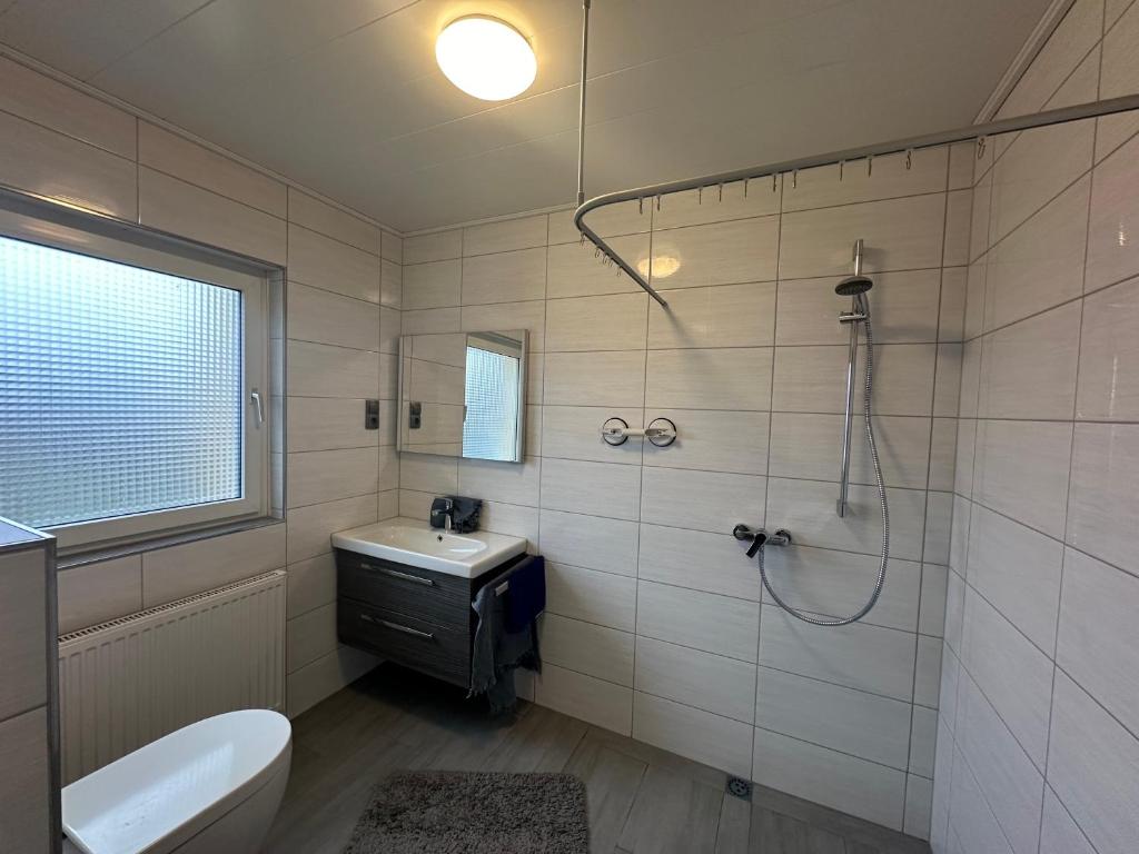 a bathroom with a shower and a toilet and a sink at Flussperle Schwellenlos in Fulda