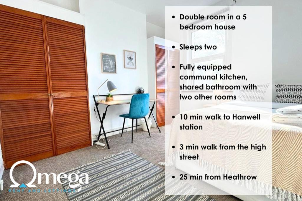 a poster of a bedroom with a bed and a desk at Double Room with a shared Kitchen and bathroom in a 5-Bedroom House at Hanwell in Hanwell