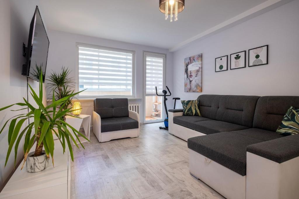 a living room with a couch and a chair at 28 Gdynia Centrum - Apartament Mieszkanie dla 2 os in Gdynia