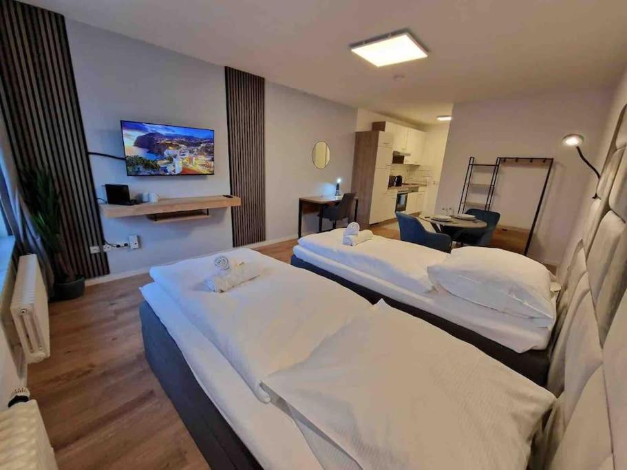 ein Krankenhauszimmer mit 2 Betten und einem Schreibtisch in der Unterkunft Cozy Apartment Wi-Fi in Fellbach
