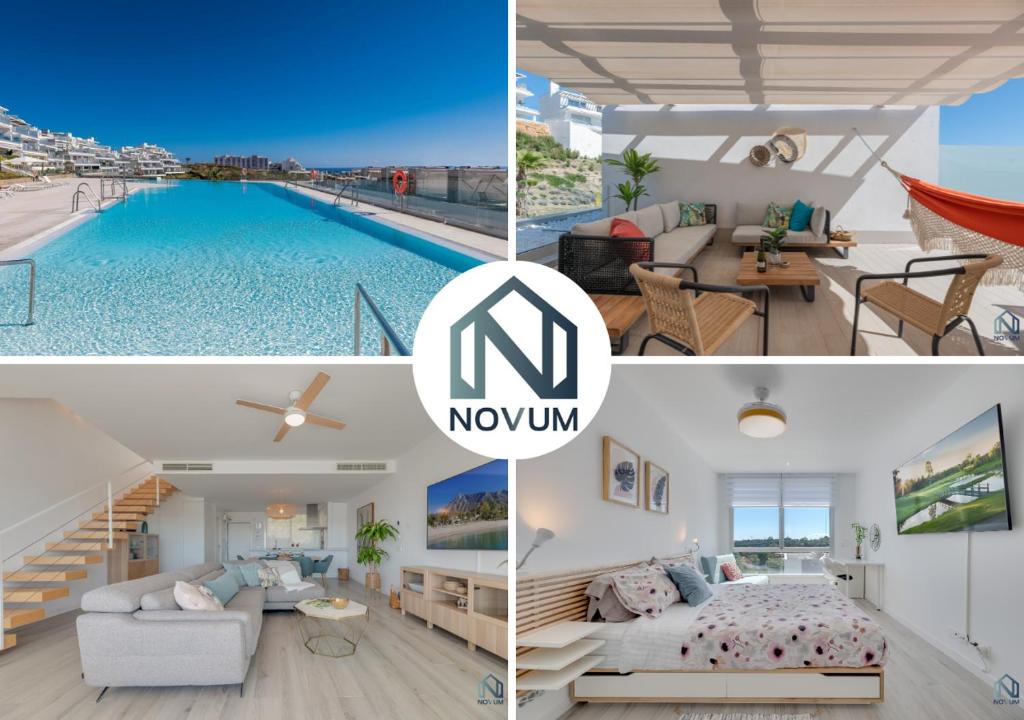 een collage van foto's van een huis met zwembad bij Newly Built Top Modern 3 BDRM Townhouse with Sea View in Estepona