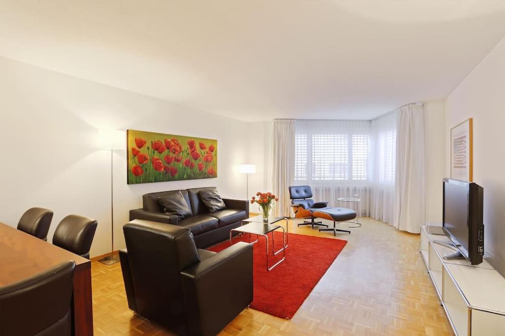 a living room with a couch and a television at Fantastic 2 bedroom flat close to the lake (Mainau 4) in Zürich