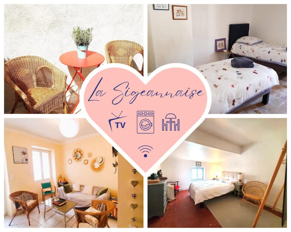 a collage of pictures of a room with a heart at La Sigeannaise - Maison familiale près des commerces et des plages in Sigean