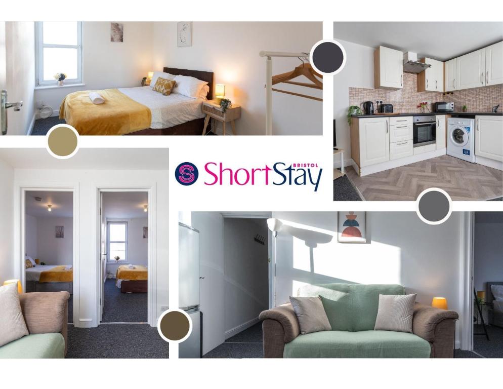 a collage of photos of a bedroom and a room at May Disc - Long Stay - Contractors in Bristol