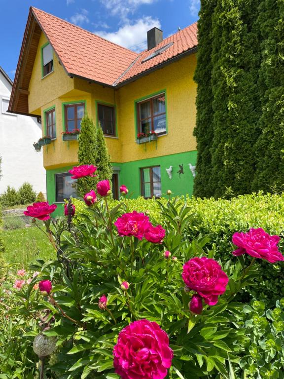 ein gelbes und grünes Haus mit rosa Blumen davor in der Unterkunft Haus Rosa in Sankt Johann