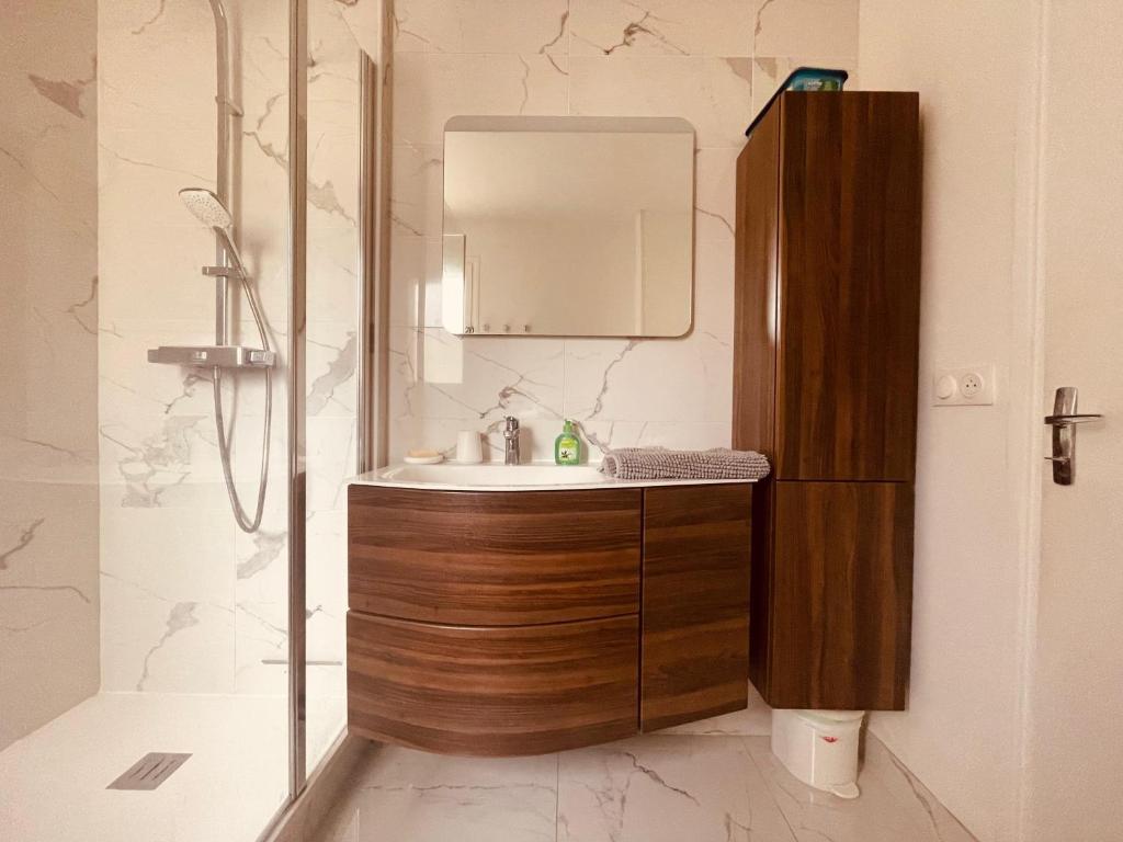 a bathroom with a sink and a mirror at La brocante sur la seine -309 in Rouen