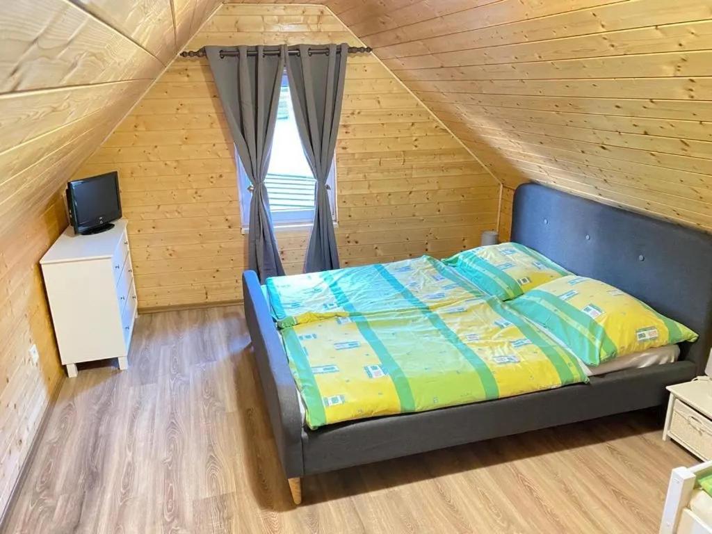 een slaapkamer met een bed en een raam bij Apartmán Trícia-Ebiky-Jedlo a Pit-Centrum in Heľpa