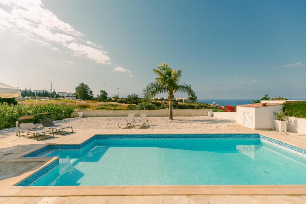 a blue swimming pool with chairs and a palm tree at Amazing Villa with panoramic sea view in Paphos