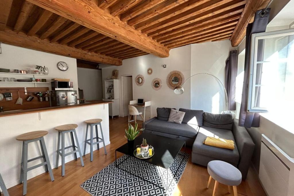 a living room with a couch and a kitchen at Le Mercière - Joli T2 au coeur de Lyon presquîle in Lyon