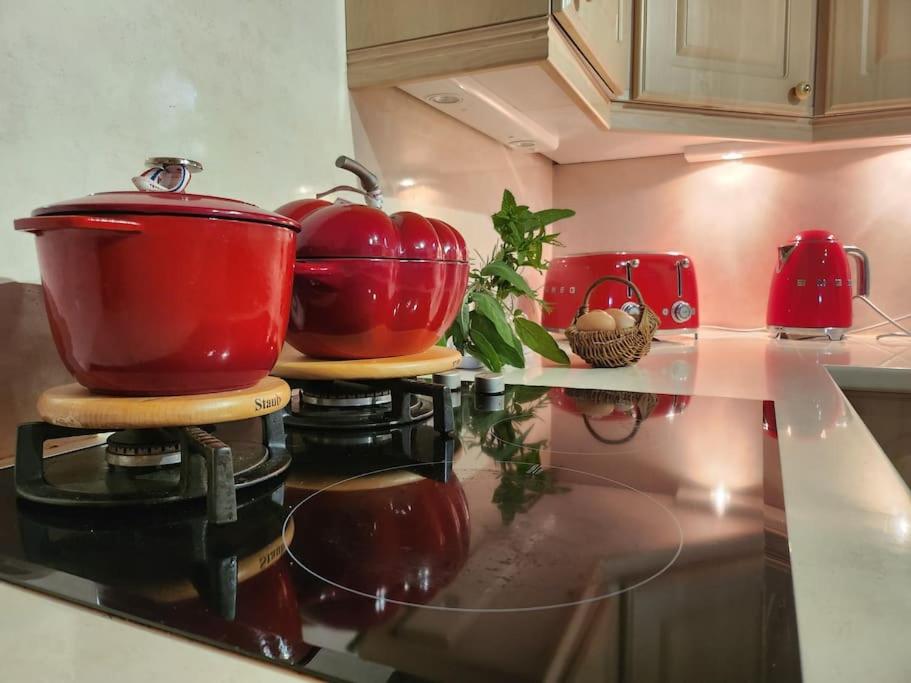 um balcão de cozinha com panelas e frigideiras vermelhas no fogão em les maisons de Jean et Eva em Nalliers
