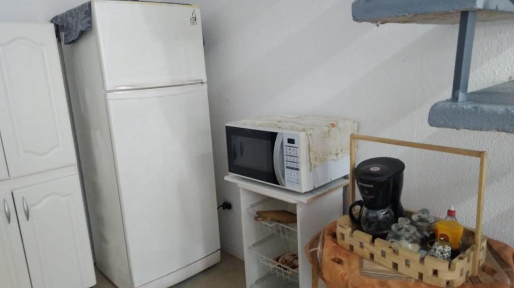 a microwave sitting on a table next to a refrigerator at Casinha Aconchegante in Guarulhos