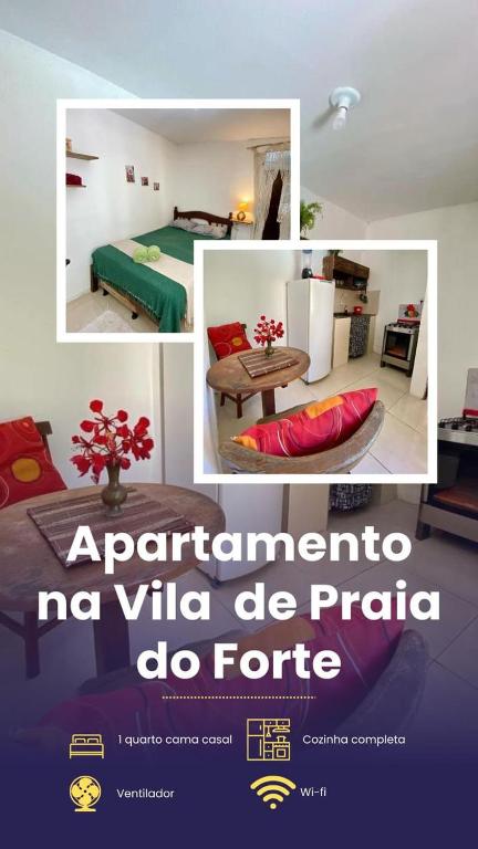 a collage of photos of a room with a poster at Apartamento no centro para Casal in Mata de Sao Joao