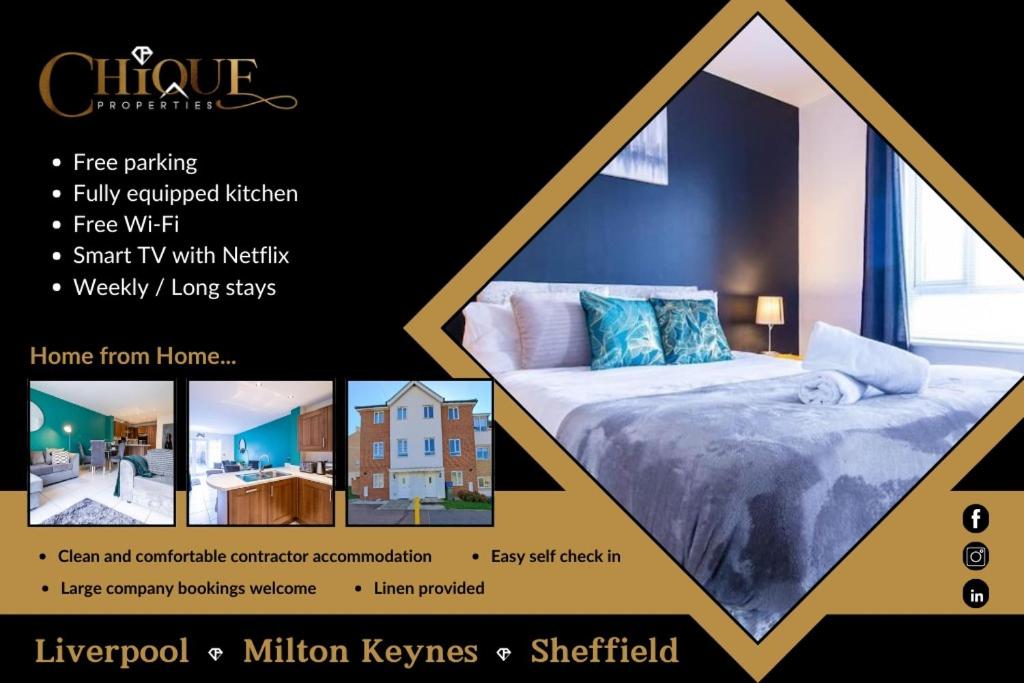 a poster for a hotel room with a bed and a window at 4BR Contractor Town House 2.5bathrooms, 2 free parking spaces managed by Chique Properties in Milton Keynes