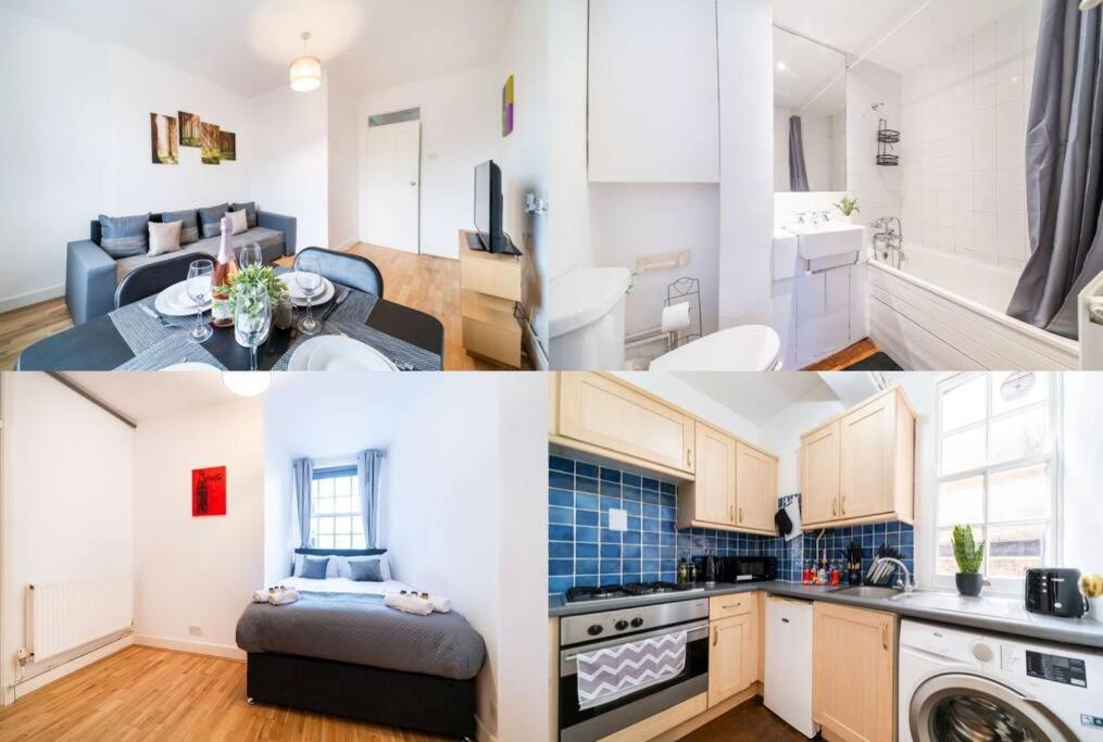 Beautiful one bedroom flat in Tavistock Place في لندن: صورتين مطبخ وغرفة معيشة