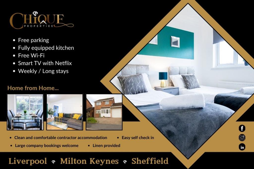 Un folleto para una habitación de hotel con un dormitorio en *3Bed House Central location Free Parking Perfect for contractors & groups Managed by Chique Properties Ltd, en Great Linford