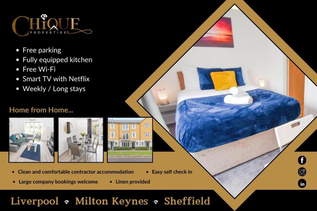 a poster of a bedroom with a bed and a room at Milton Keynes 5BR Contractor house, families/ groups welcome. in Broughton