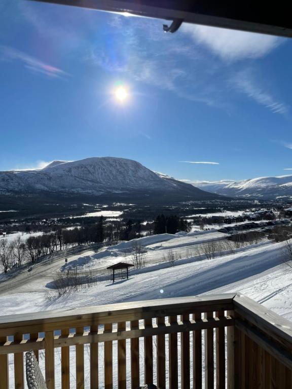 een uitzicht op een met sneeuw bedekt veld met een bank bij Flott leilighet med ski in ski out, utsikt og balkong in Oppdal