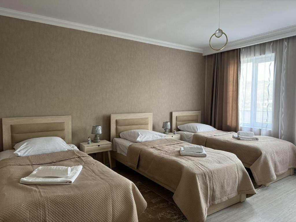 ein Hotelzimmer mit 2 Betten und einem Fenster in der Unterkunft Tamari See in Dedoplis Tskaro