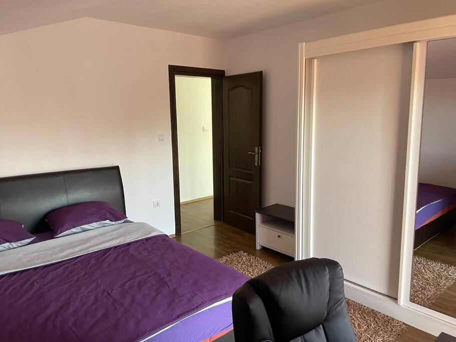 a bedroom with a bed and a chair and a mirror at Vila Sekulić in Podgorica