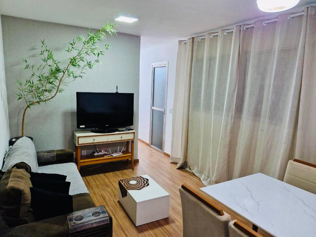 een woonkamer met een bank en een flatscreen-tv bij Aconchegante in Campo Grande