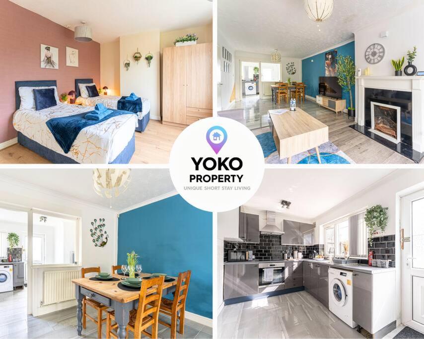 een collage van foto's van een slaapkamer en een keuken bij Detached House with Free Parking, Fast Wifi, Smart TV and Garden by Yoko Property in Coventry